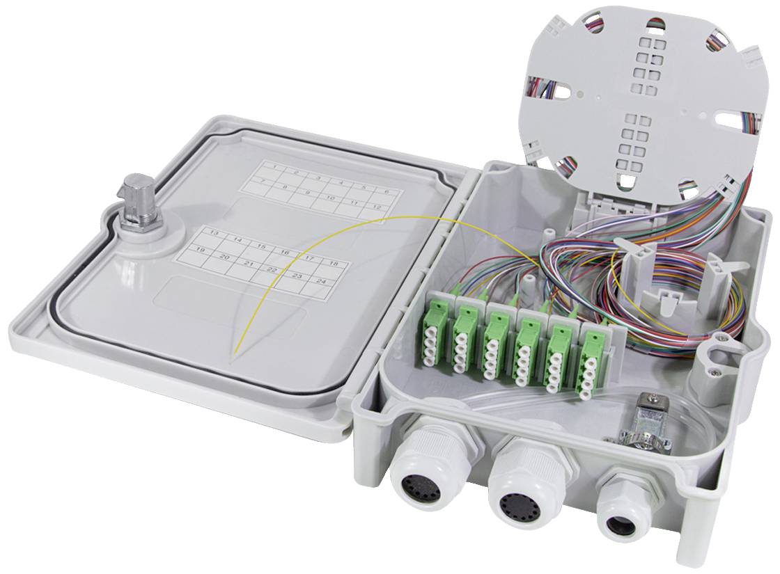 Boîtier de distribution gris avec couvercle ouvert, montrant des câbles colorés et des bornes de connexion vertes à l'intérieur. Un compartiment supplémentaire est situé sur la gauche.