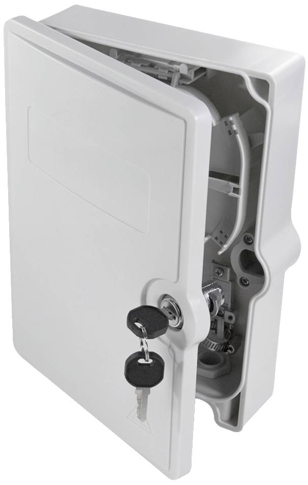 Un coffre-fort blanc ouvert avec deux clés dans la serrure, offrant un aperçu de son intérieur.