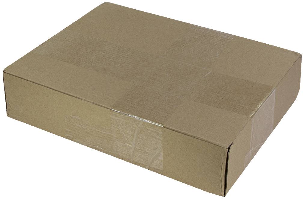 Carton en carton, plat et rectangulaire, fermé avec du ruban adhésif.