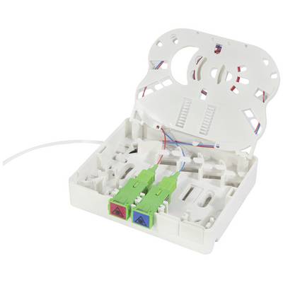 Un boîtier de raccordement à fibre optique ouvert avec deux câbles verts insérés et des connecteurs de couleur.