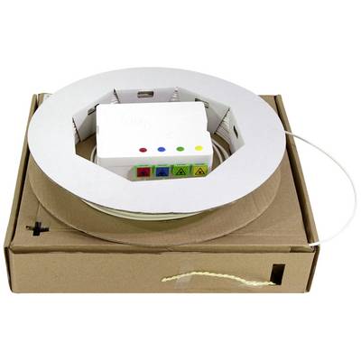 Une bobine blanche en plastique avec un module électronique et des écrans colorés, emballée dans un carton brun.