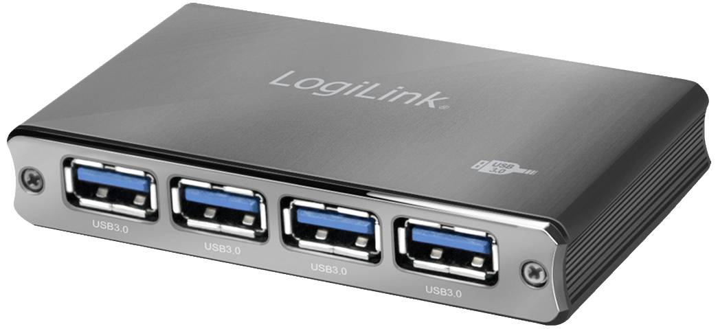 Un hub USB 3.0 argenté de LogiLink avec quatre ports USB bleus.