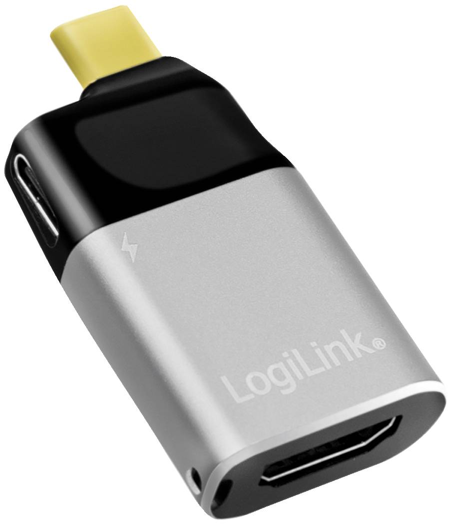 Un adaptateur LogiLink argenté avec une prise HDMI et une fiche jaune, probablement utilisé pour connecter des appareils.