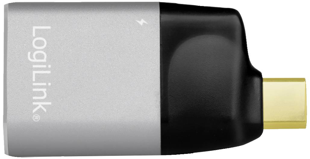 Un adaptateur USB-C argenté et noir de LogiLink avec un œillet à l'extrémité droite.