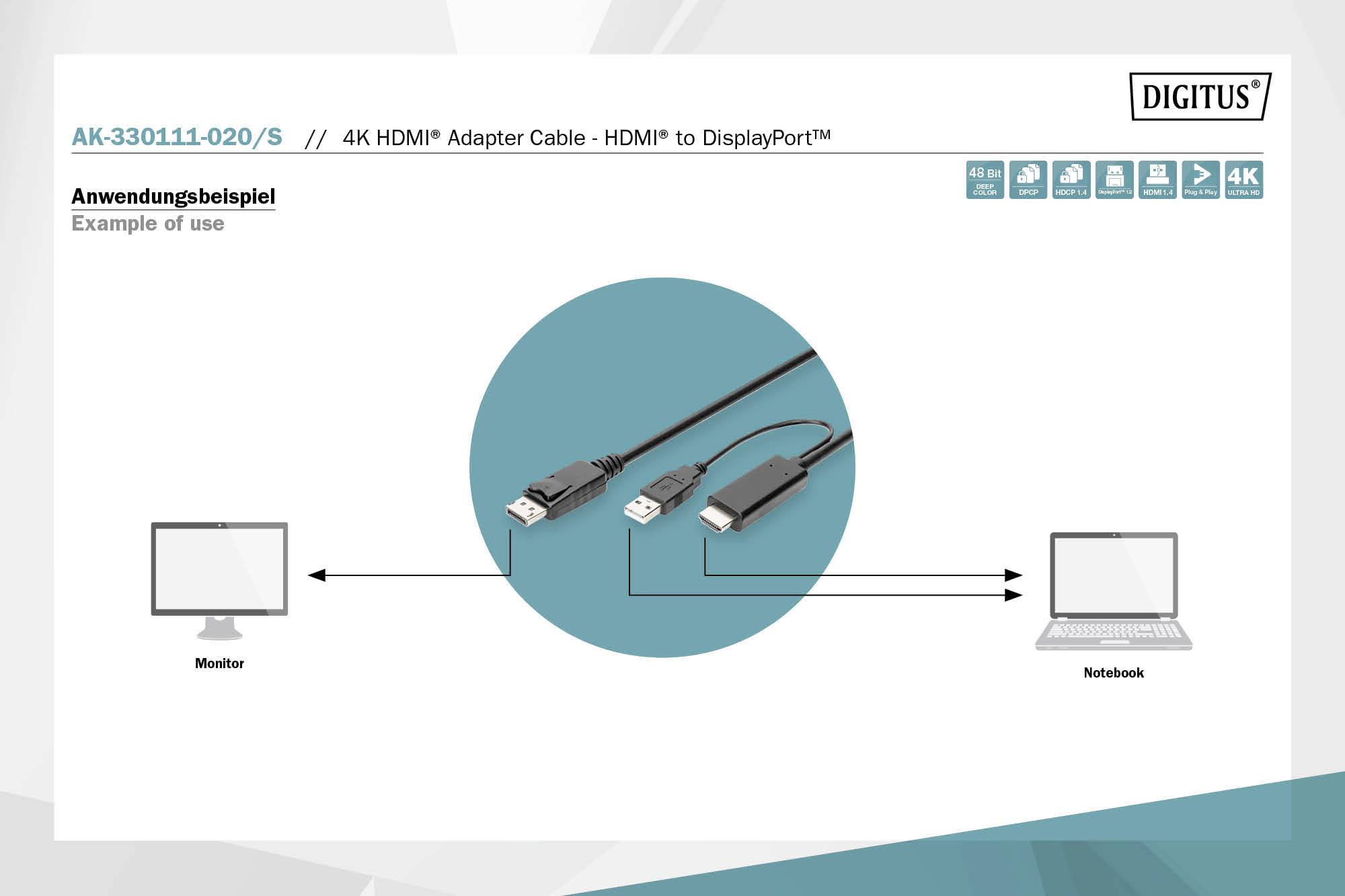 'AK-330111-020/S' Câble adaptateur HDMI vers DisplayPort. Affiche les connexions : DisplayPort mâle, USB A mâle, HDMI mâle. Alimentation électrique supplémentaire.