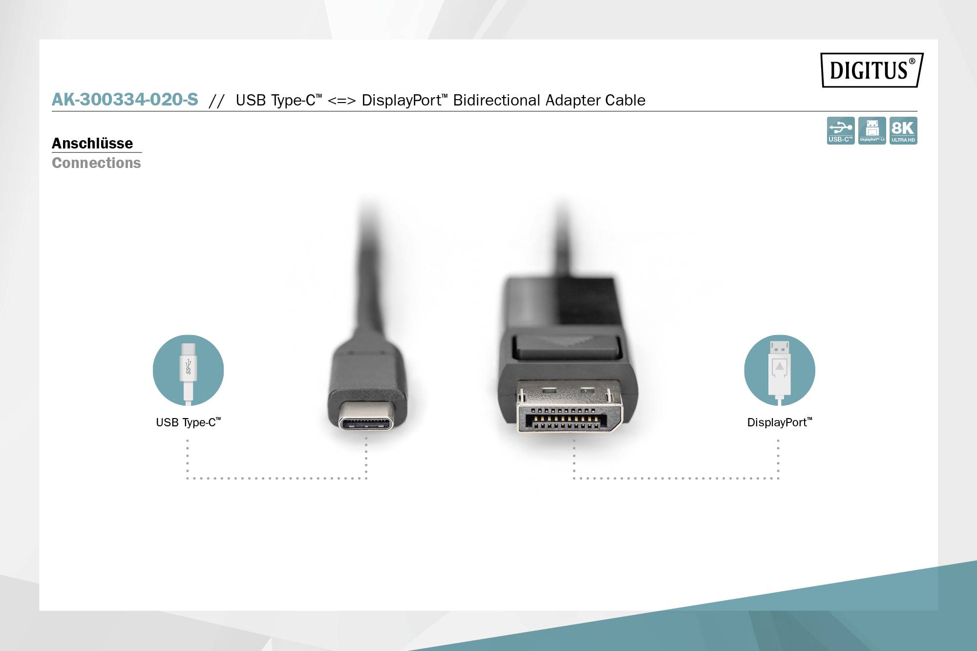 Connecteurs USB Type-C et DisplayPort d'un câble adaptateur HD bidirectionnel 8K. Emballage avec le logo 'DIGITUS'.