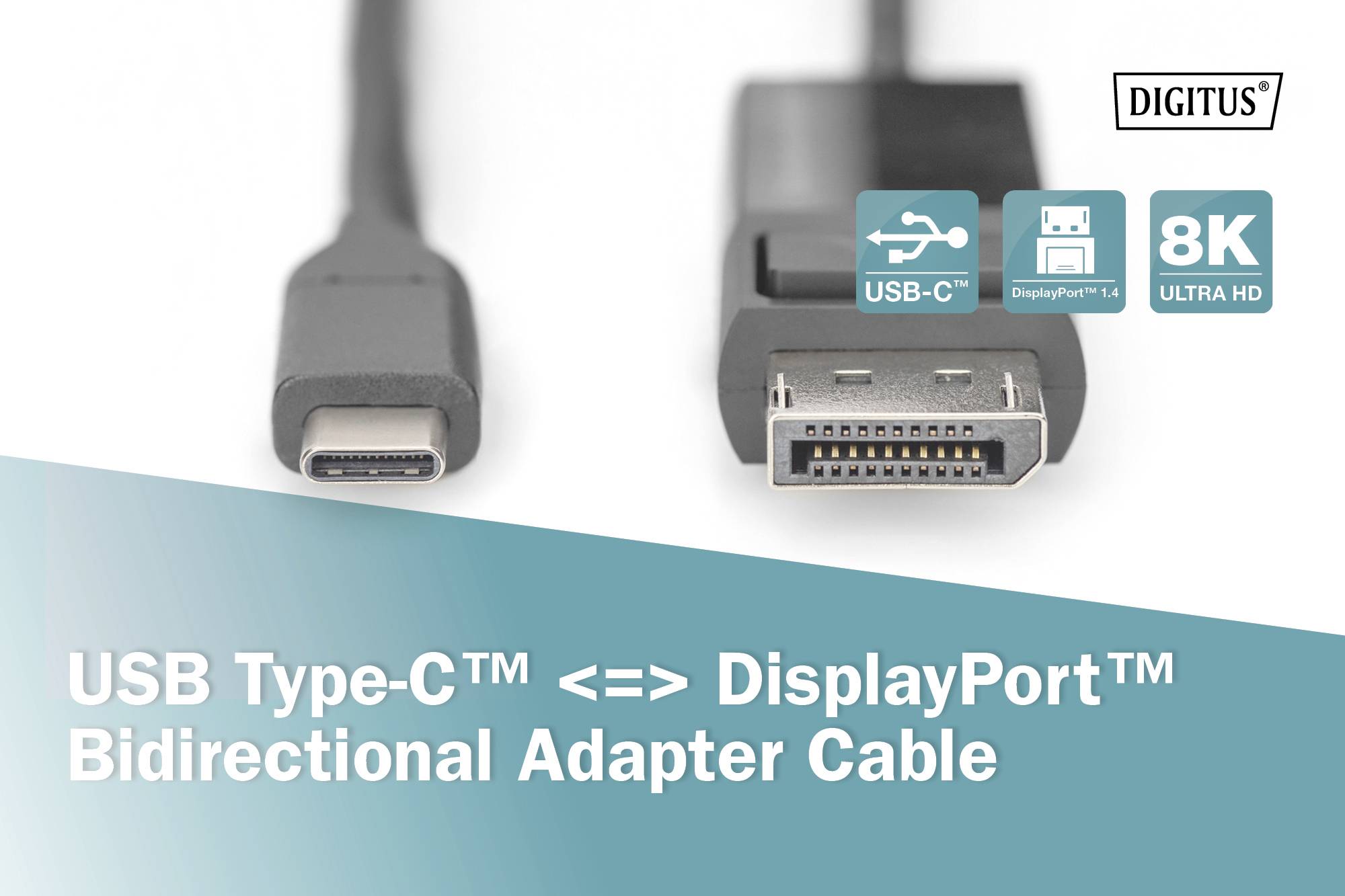 Câble adaptateur USB-C vers DisplayPort, bidirectionnel, prenant en charge l'Ultra HD 8K, avec les deux types de connecteurs présentés en gros plan.