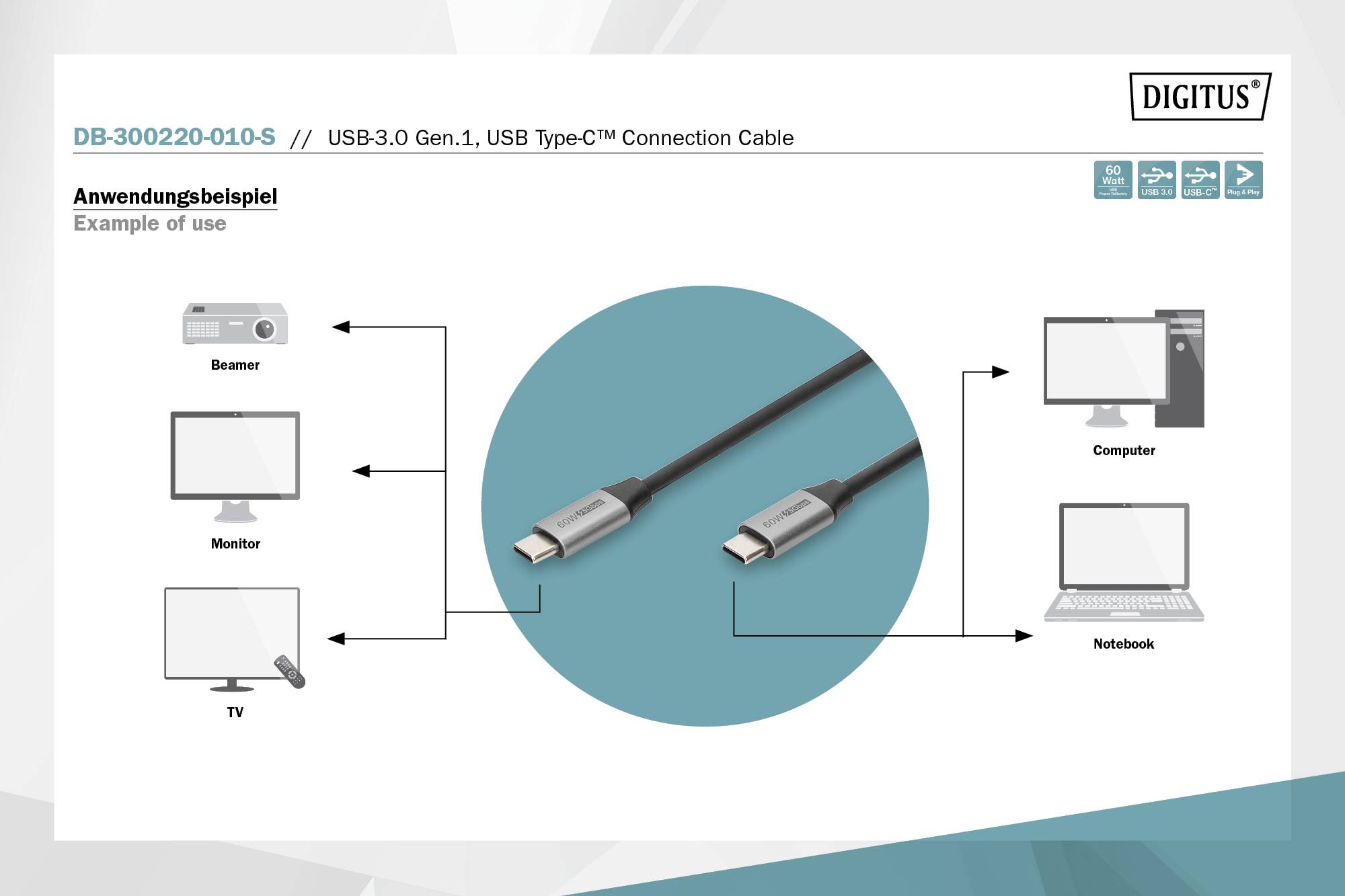 Le diagramme montre l'utilisation d'un câble de connexion USB Type-C. Il relie un projecteur, un moniteur et un téléviseur à un ordinateur et un ordinateur portable.