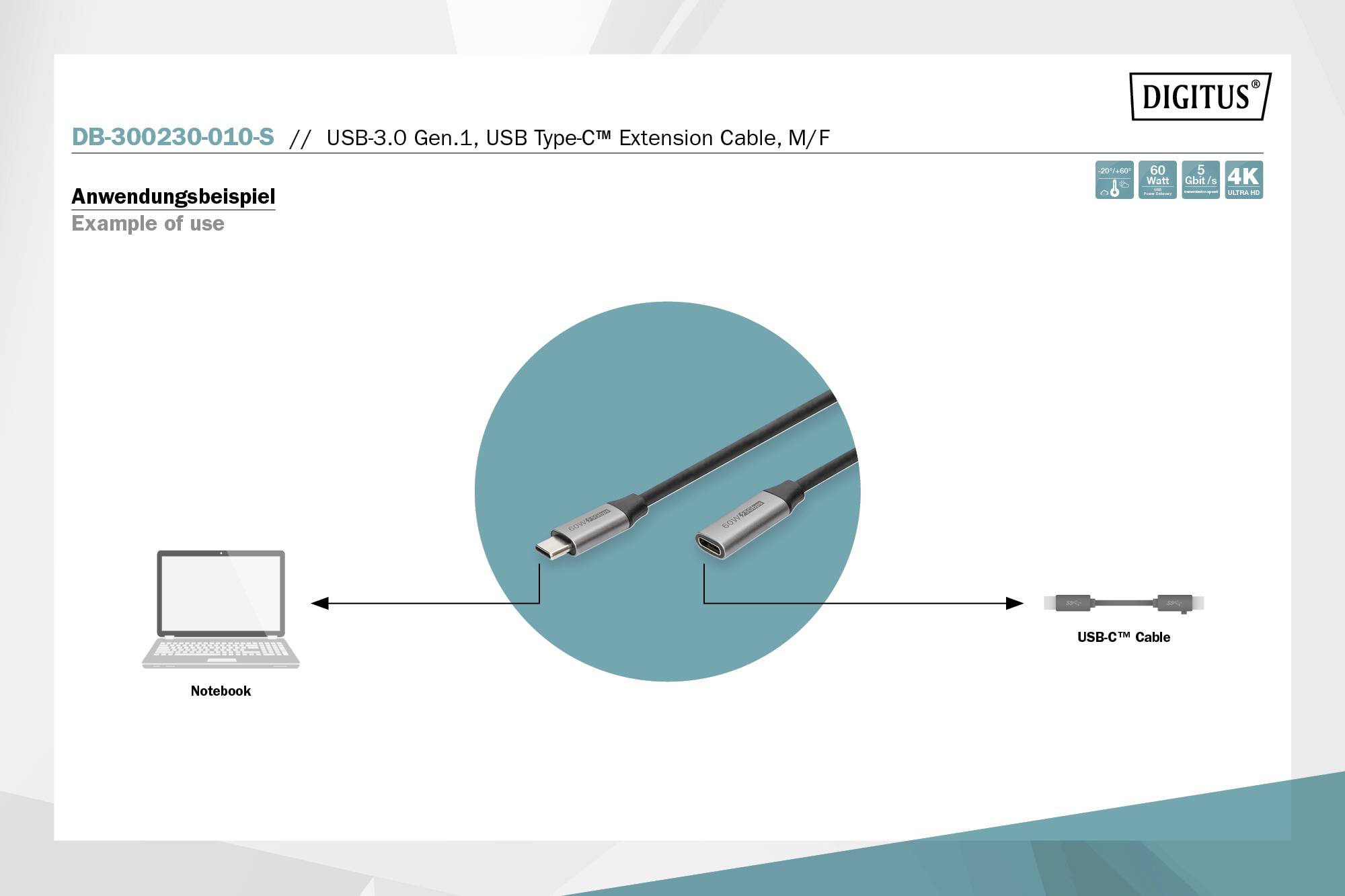 Câble d'extension USB Type-C 3.0 Digitus, mâle à femelle. L'illustration montre les deux connecteurs avec leurs symboles.