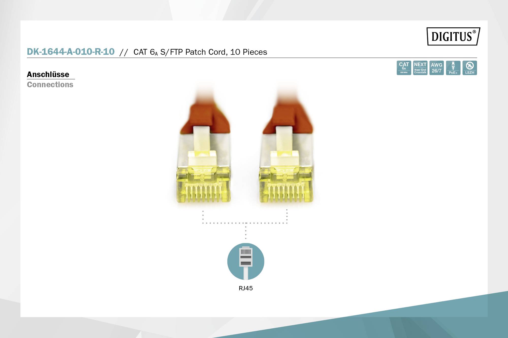 Deux fiches RJ45 avec boîtier rouge et fiche jaune. Marquage : RJ45. Nom du produit : Cordon de brassage CAT 6, S/FTP, lot de 10 pièces.