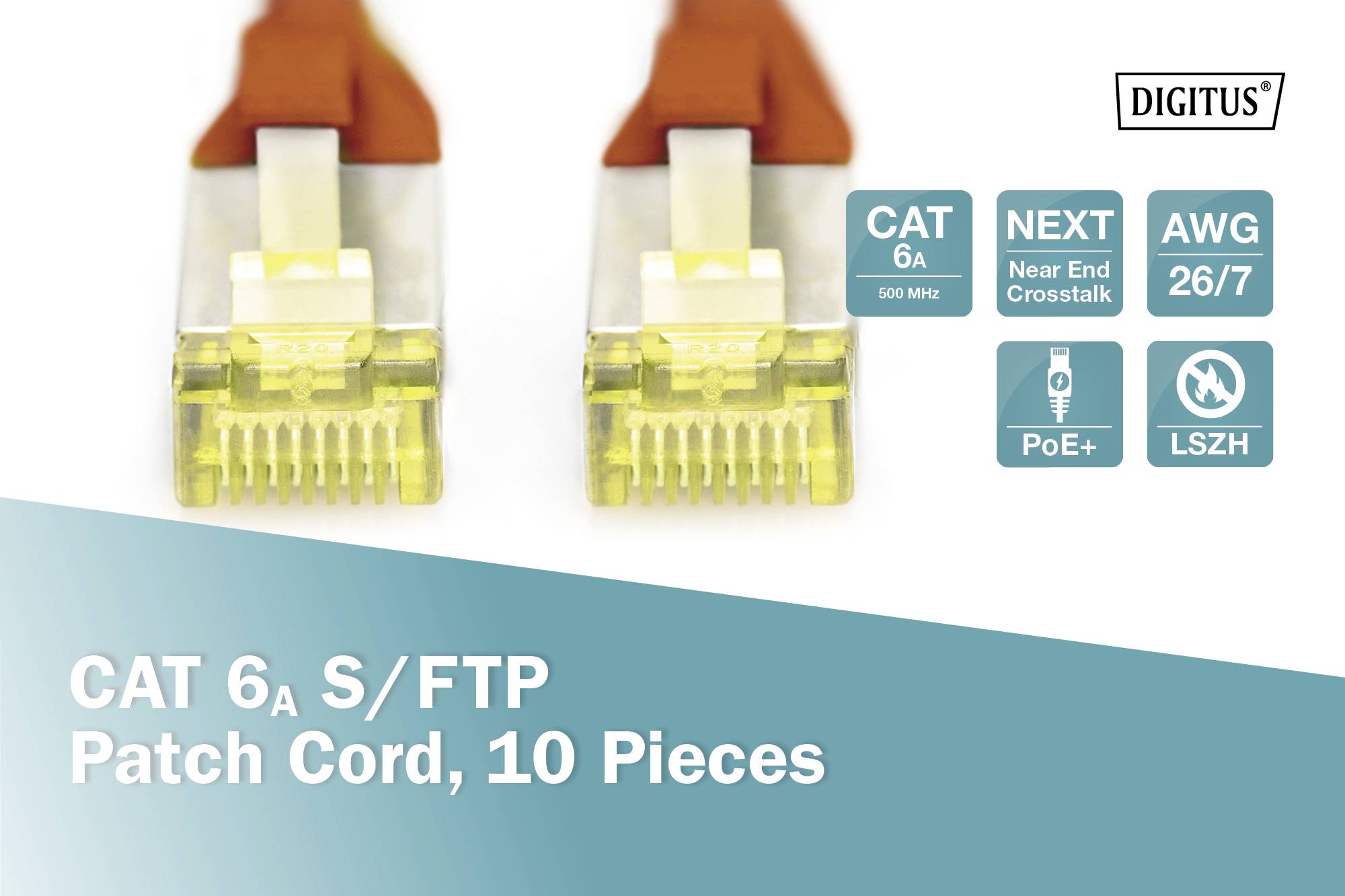 Deux fiches de câble réseau CAT 6a S/FTP jaunes côte à côte. Texte : 'Cordon de brassage CAT 6a S/FTP, lot de 10' avec des spécifications telles que PoE+ et LSZH.