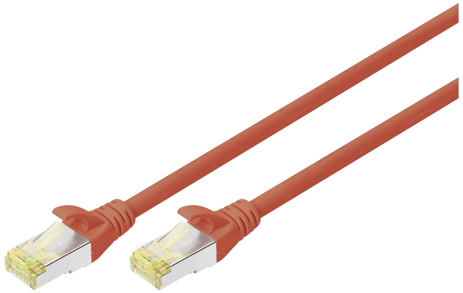 Câble Ethernet rouge avec connecteurs RJ45 aux deux extrémités. Adapté aux connexions réseau, fréquemment utilisé dans les réseaux domestiques et de bureau.