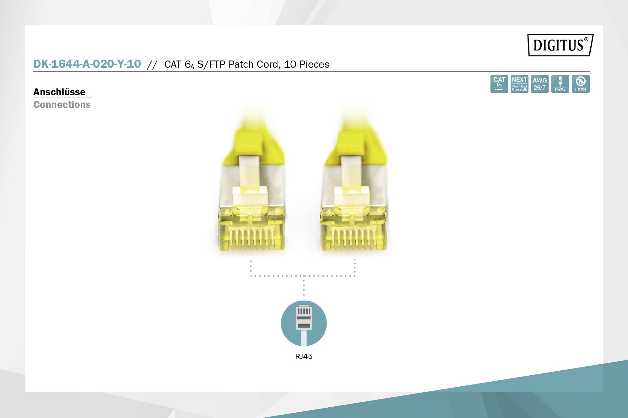 Connexions : Deux fiches RJ45 pour câbles de patch CAT 6 S/FTP de couleur jaune.