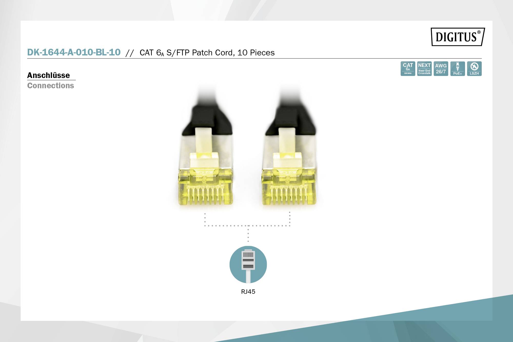 Deux fiches RJ45 sur fond blanc ; désignation : « CAT 6, Cordon de brassage S/FTP, 10 pièces », marque : DIGITUS.