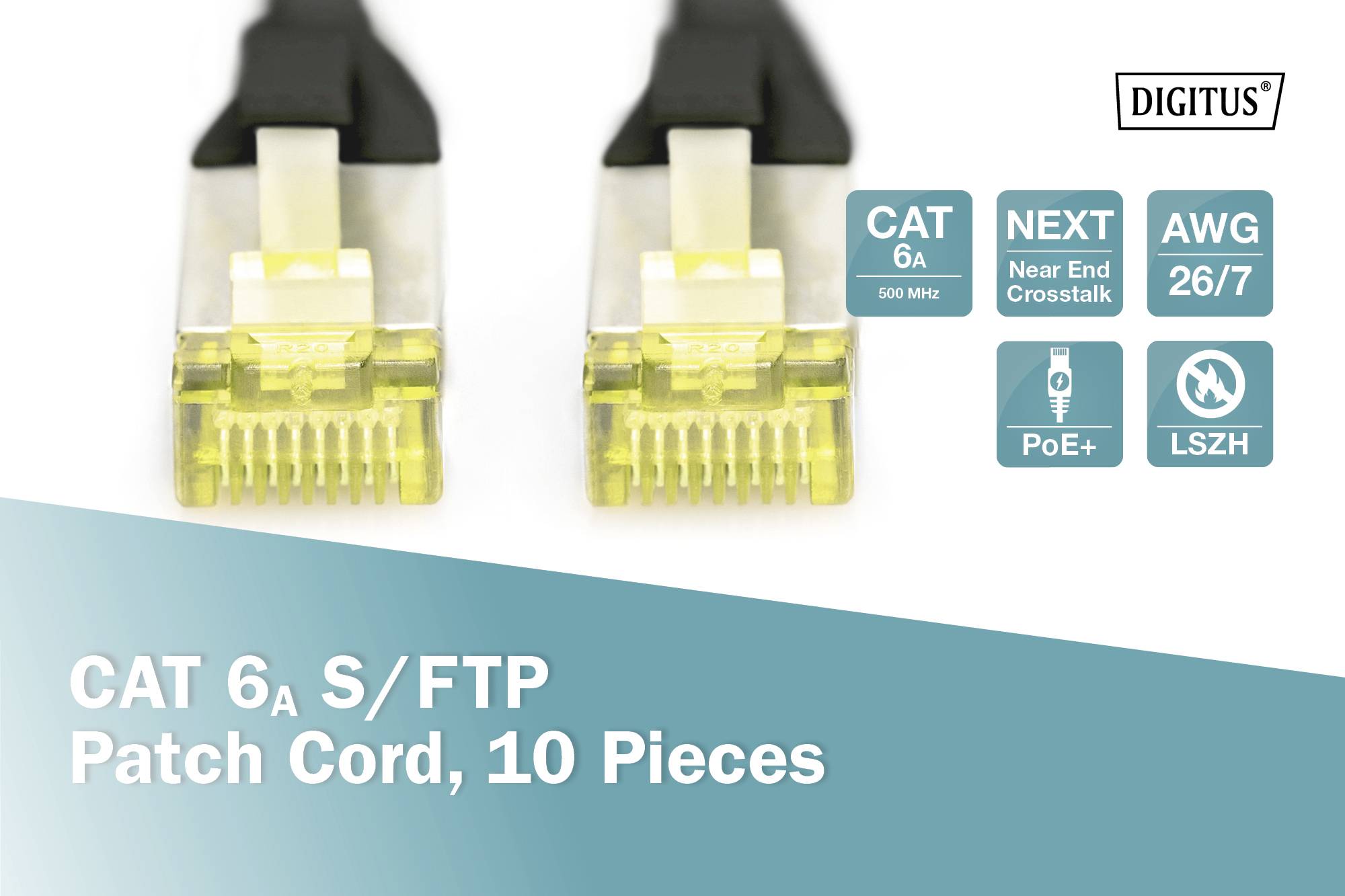 'Deux câbles de raccordement CAT 6a S/FTP avec connecteurs, lot de 10 pièces. Caractéristiques : CAT 6a 500 MHz, NEXT (Diaphonie Near End), AWG 26/7, PoE+, LSZH.'