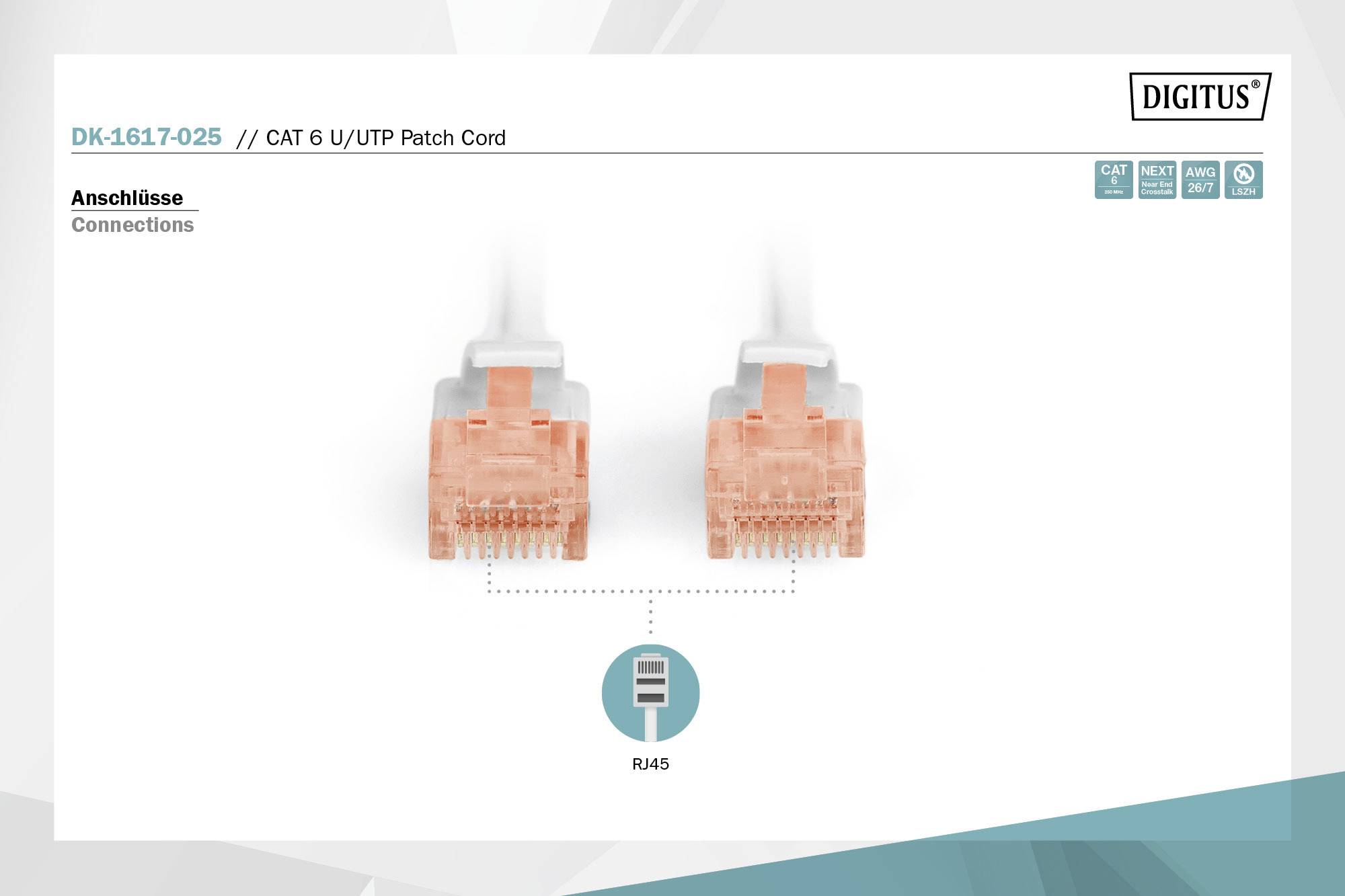 'DK-1617-025 CAT 6 U/UTP Cordon de brassage'. L'image montre deux fiches RJ45 de face. Logo 'DIGITUS' en haut à droite, texte 'RJ45' en bas.