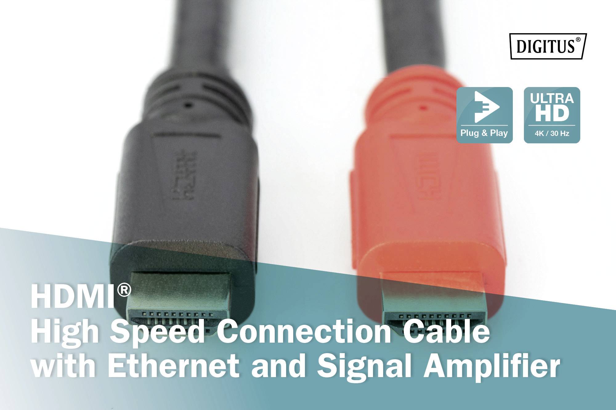 'Câble HDMI avec Ethernet et amplificateur de signal connectant le lecteur DVD, le récepteur, la console de jeux au vidéoprojecteur, moniteur et téléviseur.'
