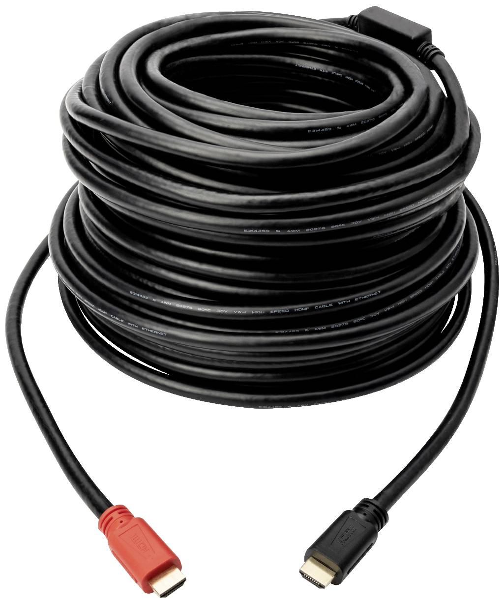 Un long câble HDMI noir avec une fiche rouge et une fiche noire, représenté enroulé.