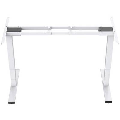 Socle de table blanc réglable en hauteur, autonome sur deux pieds, adapté pour une utilisation dans des bureaux ou des espaces de travail à domicile.