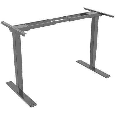 Un support de bureau métallique réglable en hauteur, offrant de la place pour un plateau de table. Adapté pour un travail ergonomique.