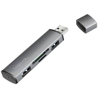 Hub USB avec trois ports et un lecteur de carte, logo LogiLink visible, capuchon amovible, gris.