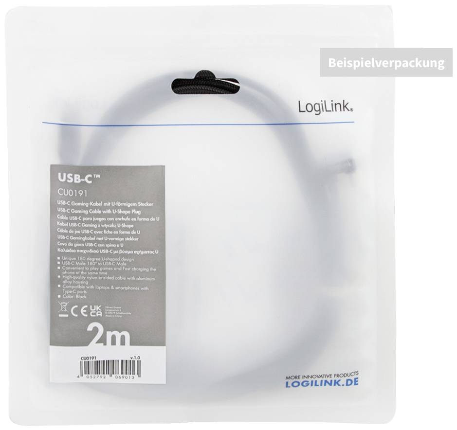 Emballage d'un câble USB-C de LogiLink, modèle CU0101, long de 2 mètres. Une pochette en plastique est représentée avec le logo de l'entreprise et les informations du produit.