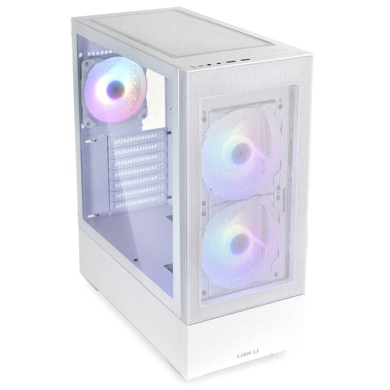 Un boîtier d'ordinateur blanc avec un panneau latéral transparent affiche trois ventilateurs illuminés en bleu et violet ; adapté pour la construction de PC.