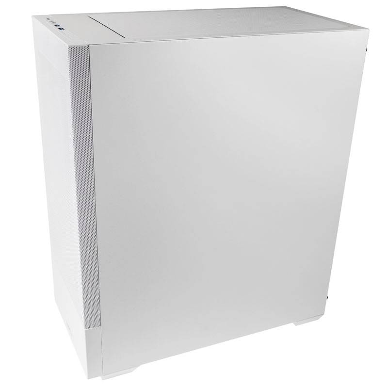 Un boîtier d'ordinateur blanc, vertical, au design discret. Des ports et des fentes de ventilation sont situés sur le côté gauche.