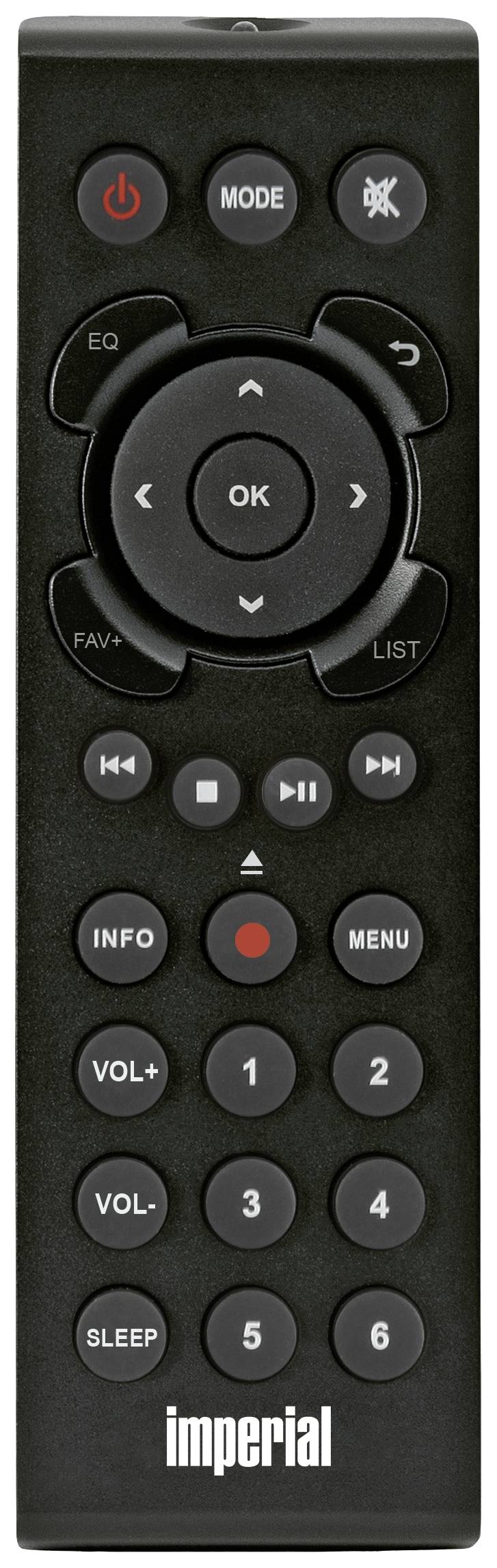 Une télécommande noire avec des touches pour le volume, les chaînes et les paramètres. Le logo 'imperial' est visible en bas de la télécommande.