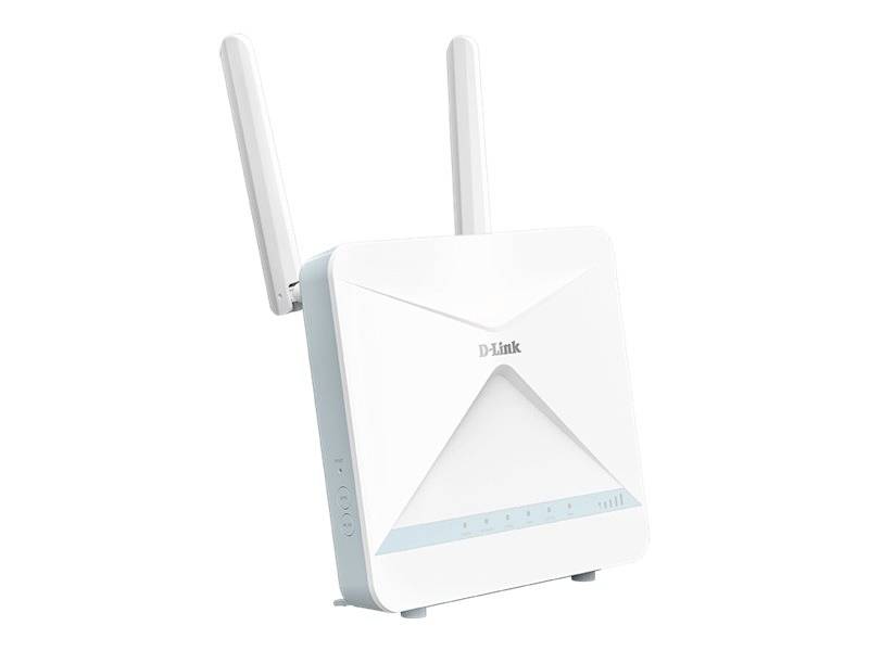 Un routeur Wi-Fi blanc à deux antennes de D-Link est placé verticalement. Le devant présente des voyants LED indiquant le statut du réseau.