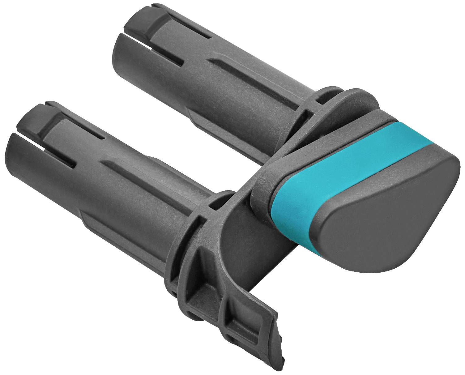 Un levier noir en plastique portant une marque bleue au centre, probablement un composant d'un mécanisme ou d'un appareil.