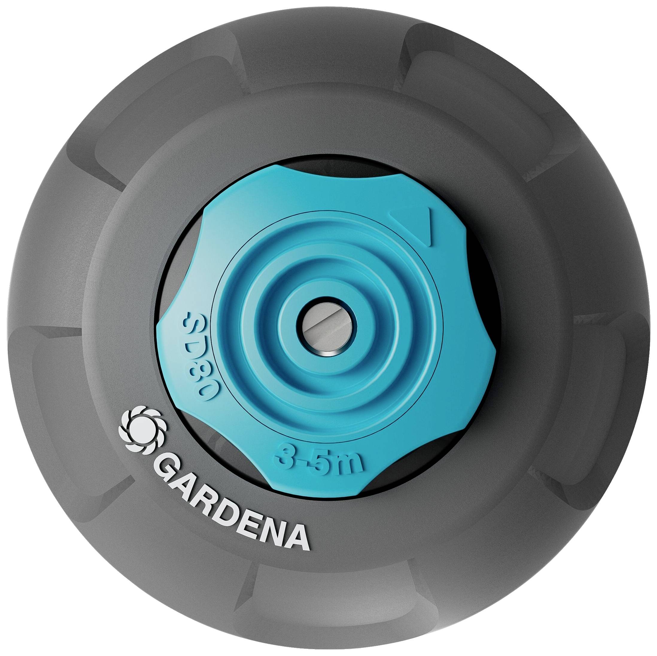 Couvre-escargots gris avec partie centrale bleue, imprimé 'GARDENA SD80 3–5 m'. Prévient les dommages causés par les escargots.