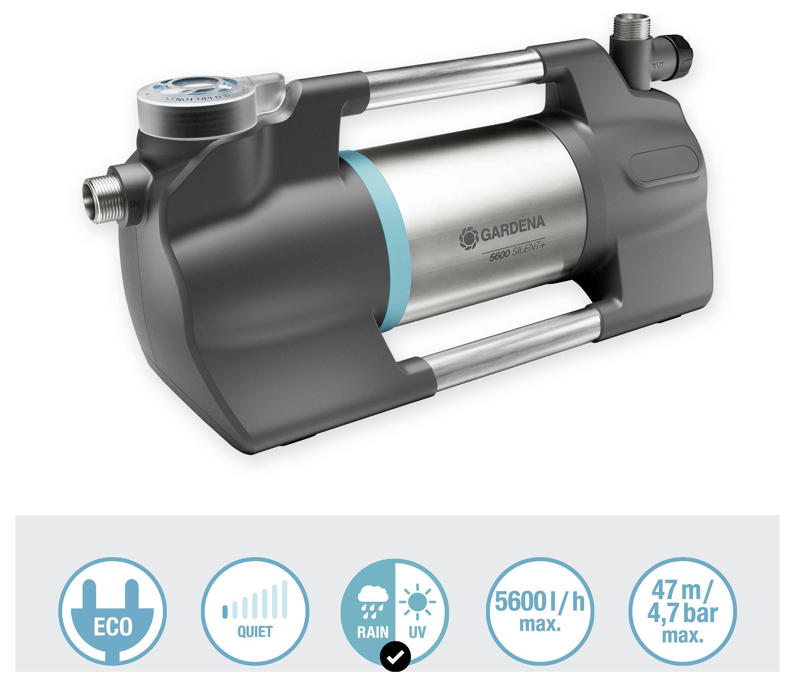 Une pompe portant l'étiquette « Gardena », conçue pour un fonctionnement silencieux, l'efficacité écologique et la protection contre la pluie et les rayons UV. Spécifications maximales : 5600 l/h, 47m/4,7 bar.
