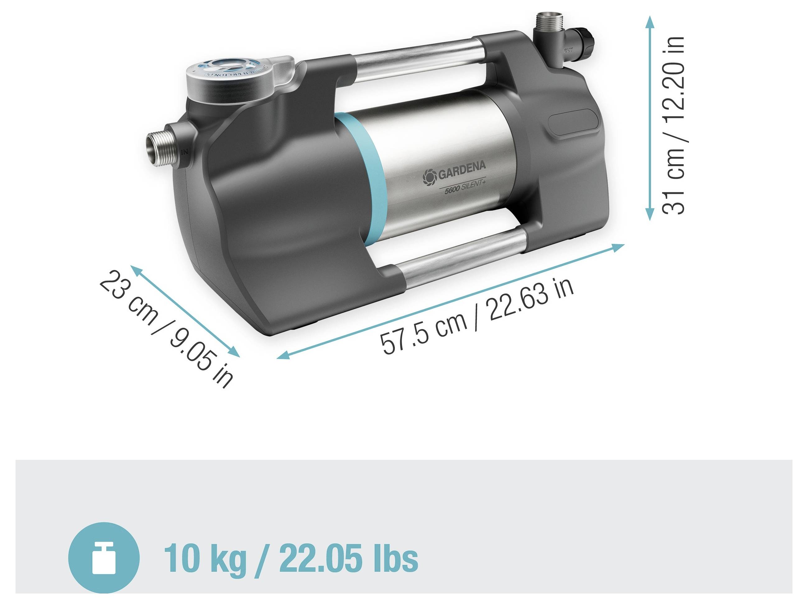 Image d'une pompe Gardena avec les dimensions : 23 cm (9,05 po) de large, 57,5 cm (22,63 po) de long, 31 cm (12,20 po) de haut, pesant 10 kg (22,05 lbs).