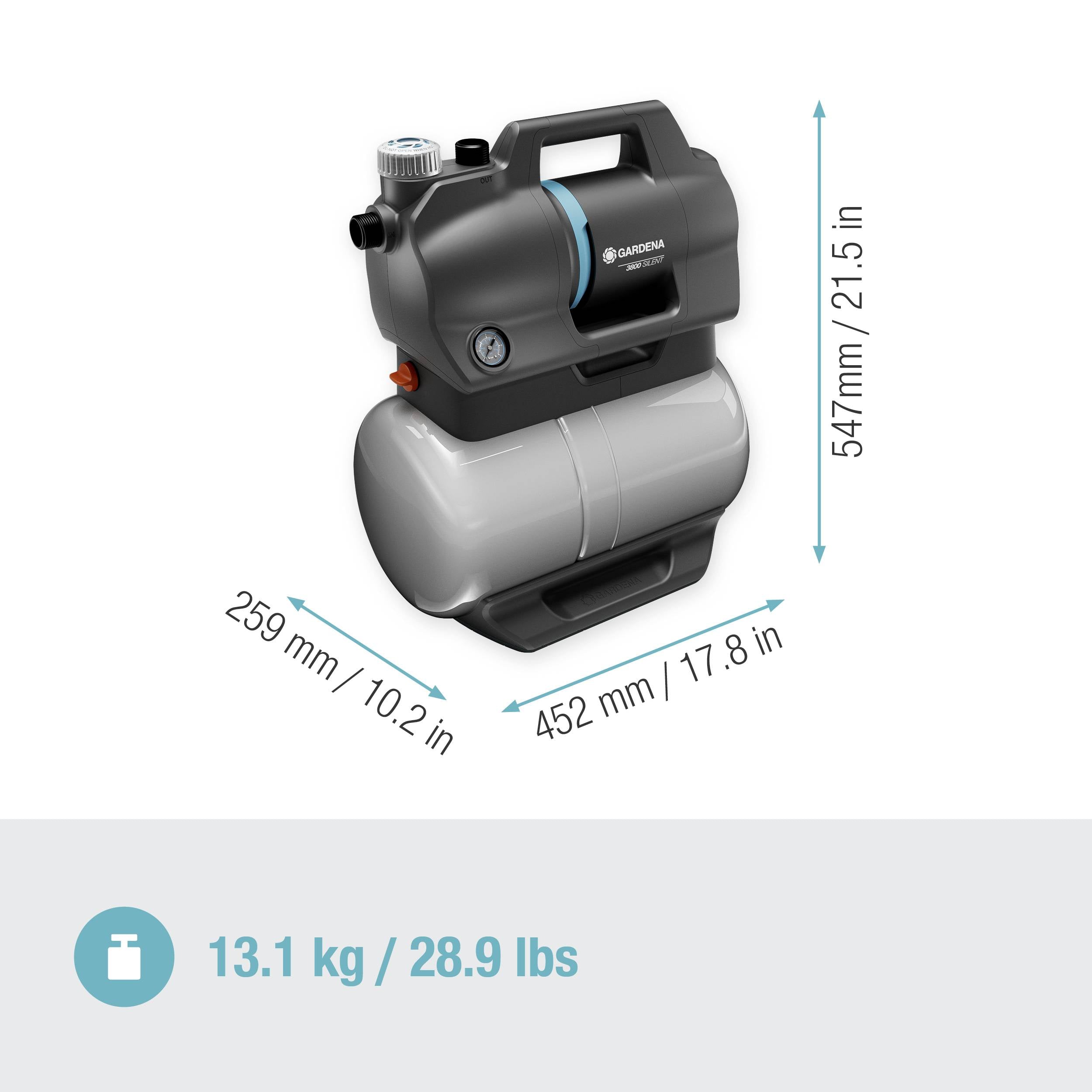 L'image montre une pompe à eau avec des dimensions de 259 mm x 452 mm x 547 mm et un poids de 13,1 kg.