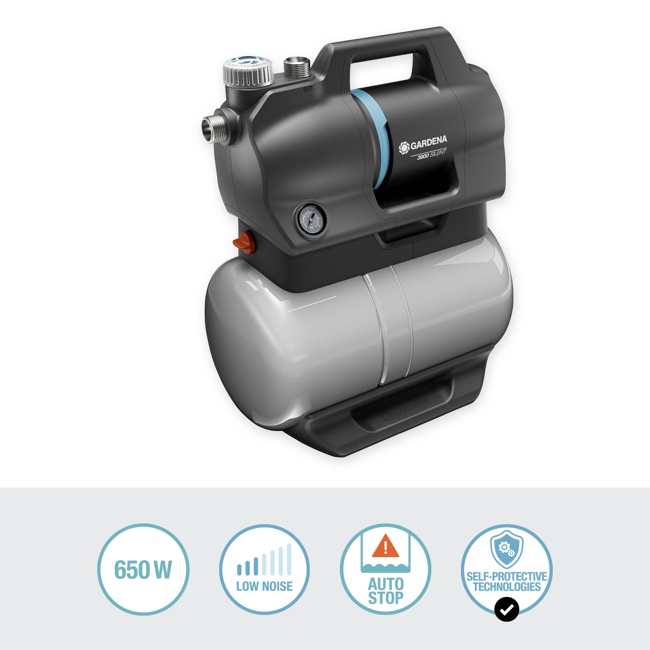 Pompe de jardin GARDENA, compacte, 650 W. Les symboles indiquent : fonctionnement silencieux, arrêt automatique et technologies d'auto-protection.