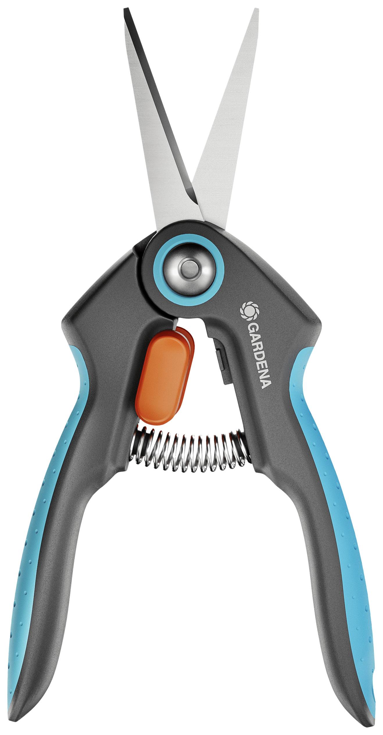 Sécateur avec poignée grise, fermoir orange et liseré décoratif bleu. Logo de la marque sur la face avant.