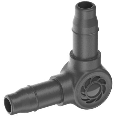 Connecteur de tuyau en plastique gris de forme L, avec deux raccords à connexion rapide et un design strié pour une meilleure adhérence et flexibilité.