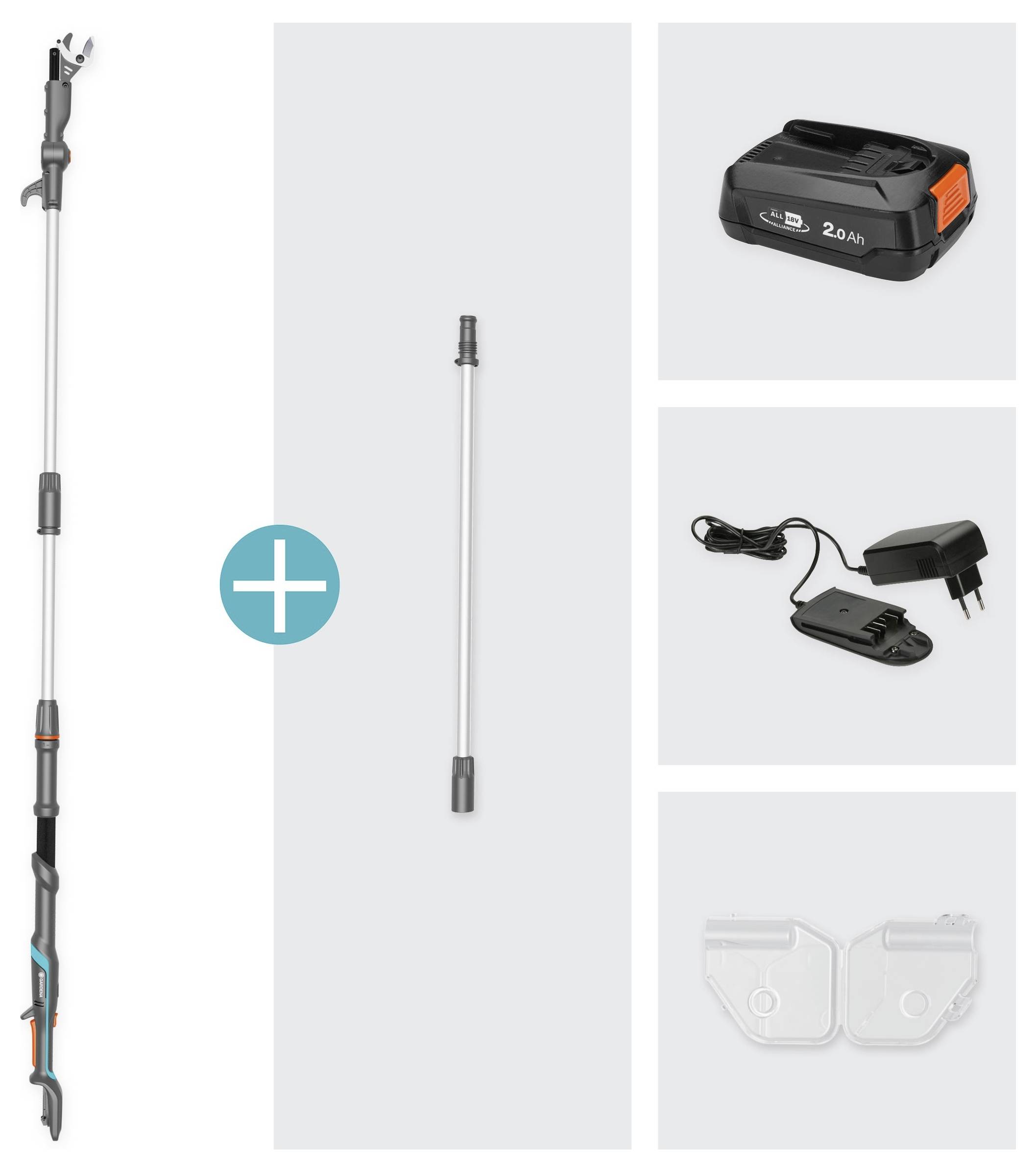 Un kit de taille-haie télescopique incluant le mât principal, le mât d'extension, la batterie rechargeable, le chargeur et les housses de protection.