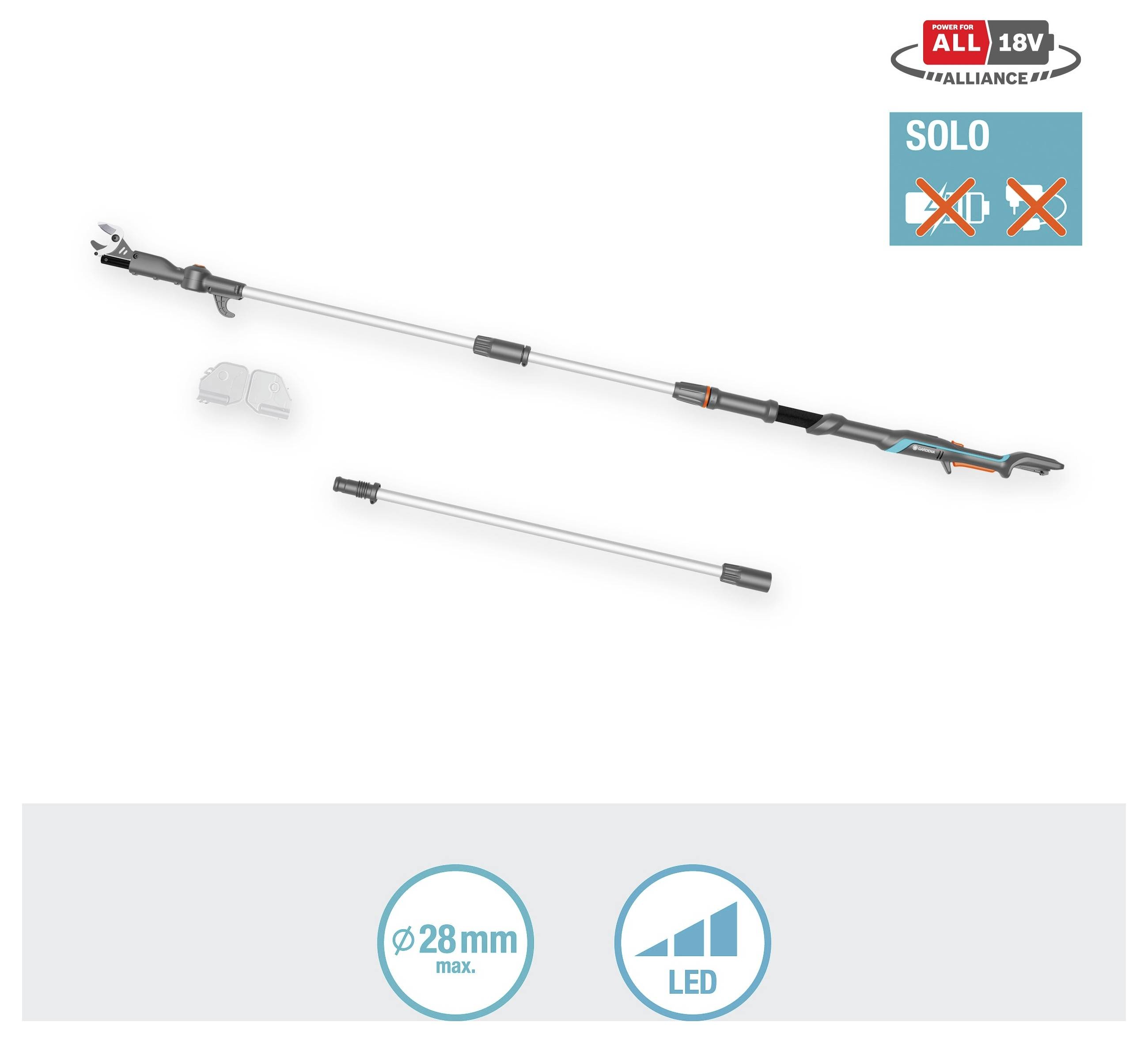 Sécateur télescopique pour la coupe de branches. Comprend trois composants : tête de coupe, mât principal et rallonge. Caractéristiques : diamètre de coupe maximal de 28mm et voyant LED. Adapté à l'utilisation en solo.