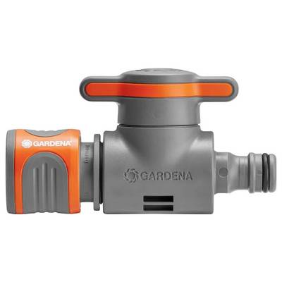 Un adaptateur de robinet Gardena gris et orange avec mécanisme de raccordement rapide, adapté aux tuyaux d'arrosage.