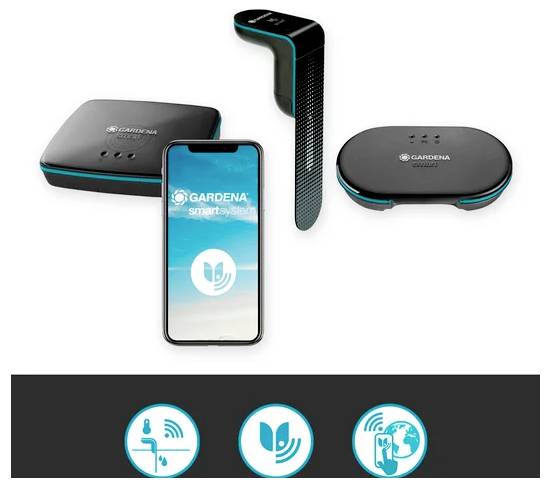 Système de hub intelligent pour le jardinage montrant quatre appareils : un hub central, un capteur, un dispositif de contrôle de l'eau et une application smartphone. Des icônes en dessous indiquent l'irrigation, les soins aux plantes et la connectivité.