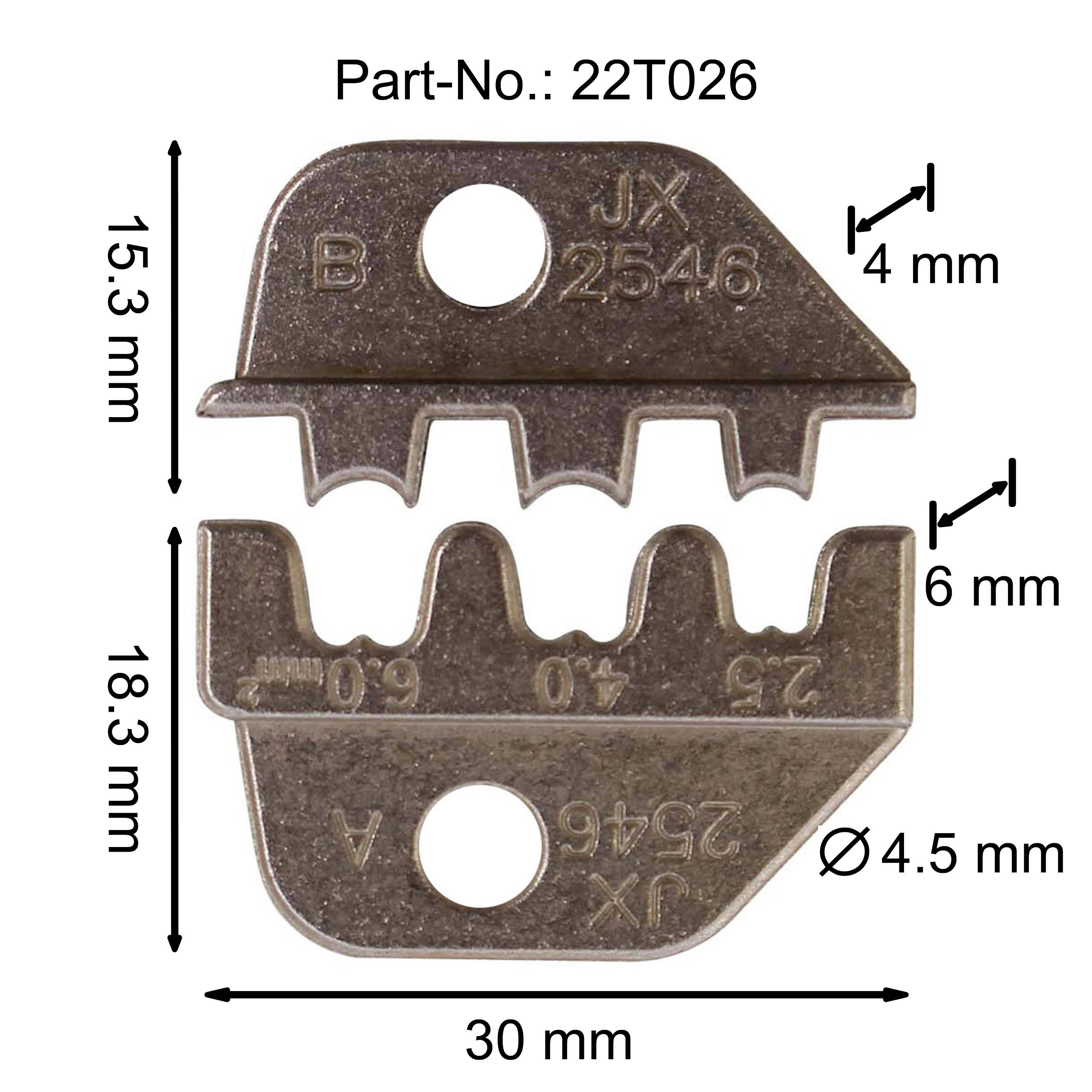 'Numéro de pièce : 22T026, JX 2546. Deux pinces métalliques, supérieure avec 4 mm de dents, inférieure avec 6 mm de dents. Dimensions : 15,3 mm, 18,3 mm, 30 mm, Ø 4,5 mm.'
