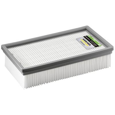 Filtre HEPA rectangulaire de Kärcher, principalement blanc avec un bord gris, posé sur une surface claire.