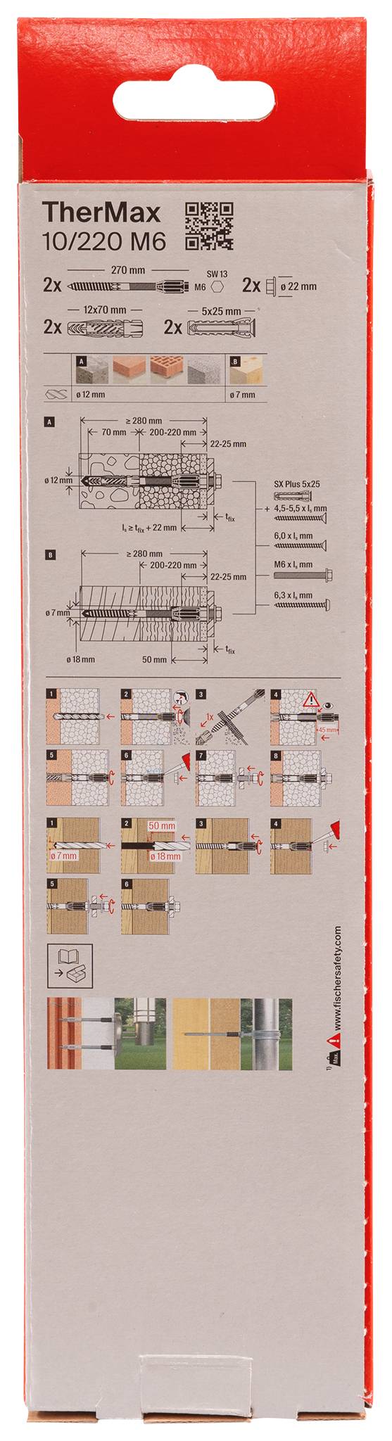 Dos d'emballage avec instructions d'utilisation des éléments de fixation, comprenant des dessins techniques, des instructions de montage et des consignes de sécurité.