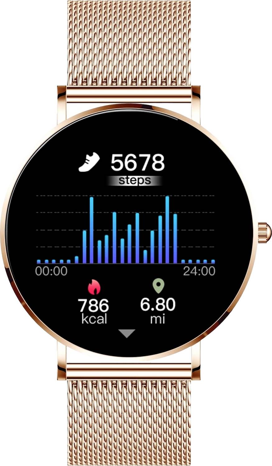 Montre connectée avec bracelet en cuivre affichant les pas, les calories (786 kcal) et la distance (6,80 miles). Graphique à barres des pas sur 24 heures.