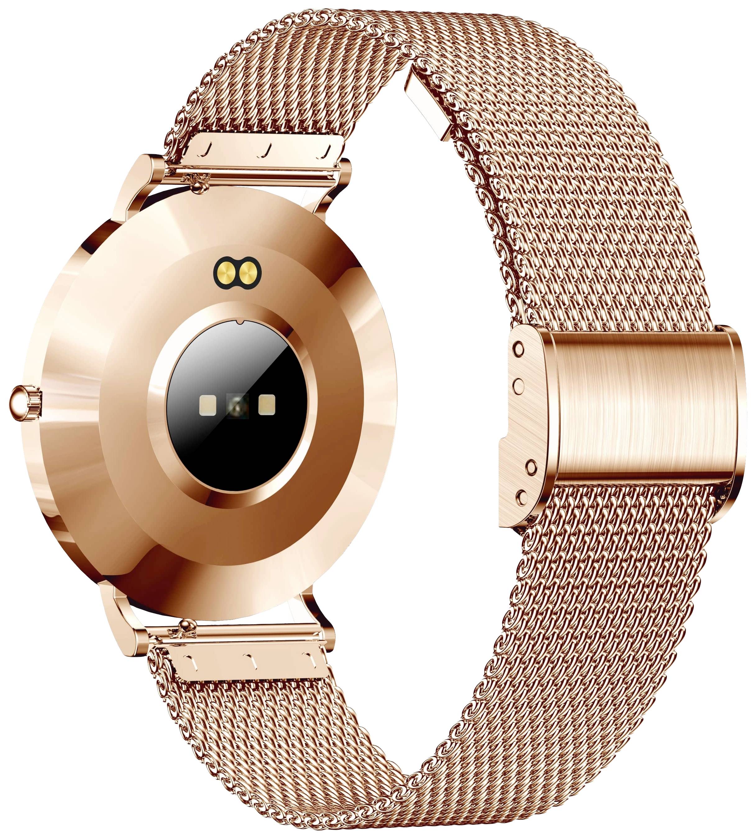 Une montre connectée or rose avec un cadran rond et un bracelet en métal, dotée de capteurs de fréquence cardiaque à l'arrière.