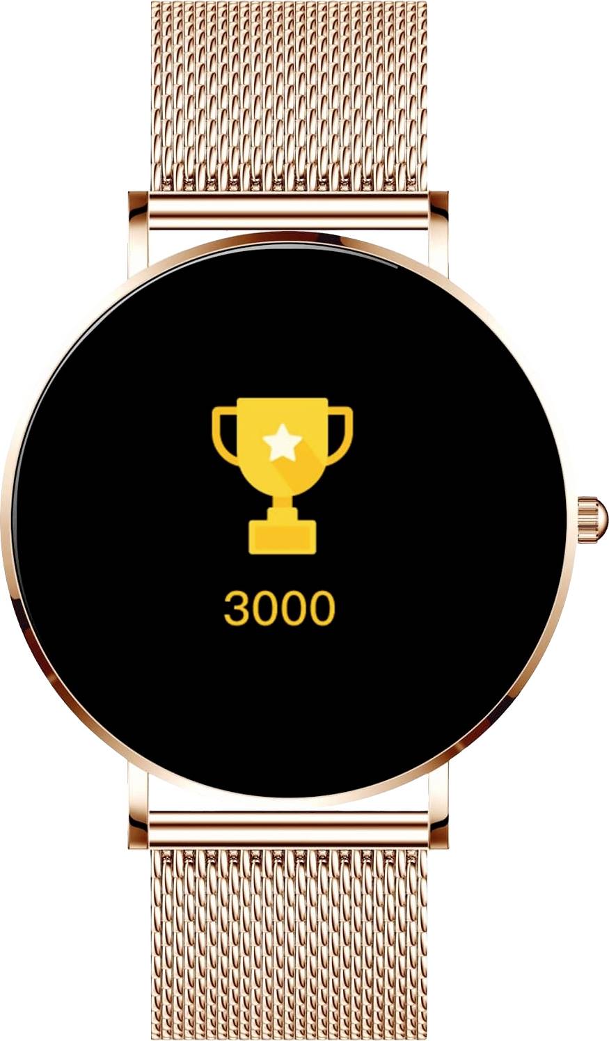 Une montre connectée dorée affiche un trophée avec le chiffre 3000 en dessous sur son écran.