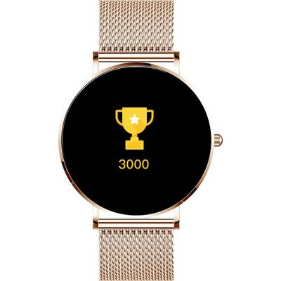 Une montre connectée dorée affiche un trophée avec le chiffre 3000 en dessous sur son écran.