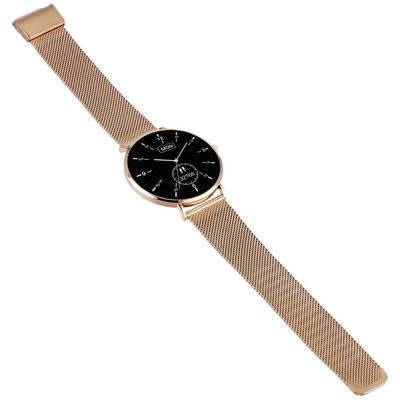 Montre-bracelet dorée rose avec cadran noir, affichage du jour et de la date. Boîtier et bracelet en maille d'acier inoxydable.